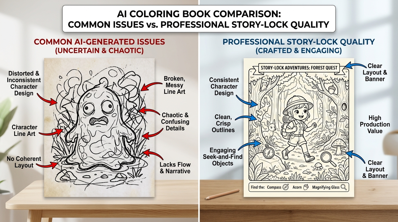 AI Coloring Book Comparison: Common Issues vs. Professional Story-Lock Quality